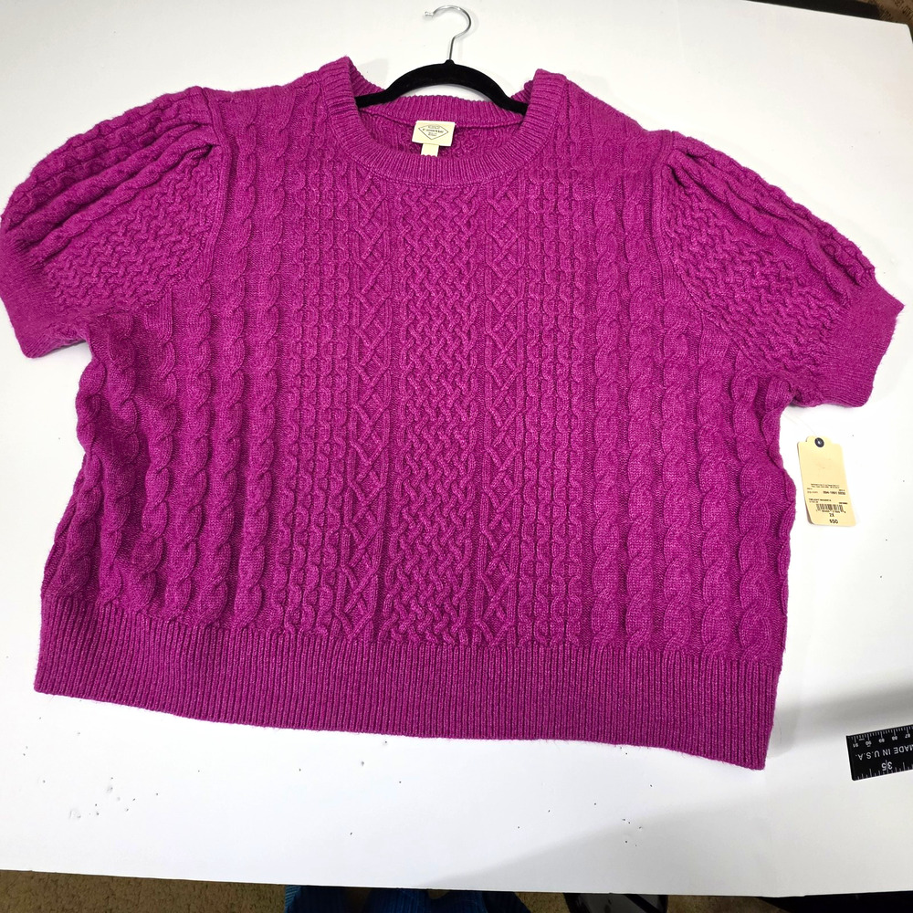 St John's Bay Women's Sweater 2X Plus Magenta Cable Knit Short Sleeve Crew